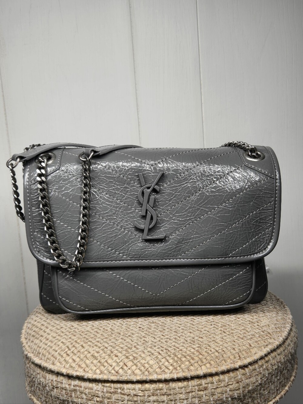 New Grey Leather Shoulder Bag with Chain Strap READ DESCRIPTION